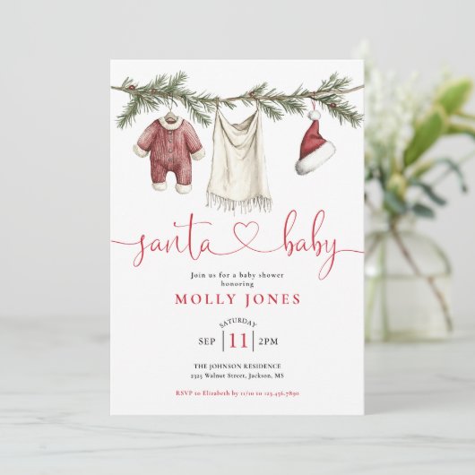 Santa Baby Kleidung alles in einer Babydusche Einladung (Stehend Vorderseite)