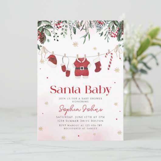 Santa Baby Kleidung Weihnachts Winter Baby Dusche Einladung (Stehend Vorderseite)