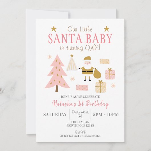 Santa Baby macht ONE, Girl Birthday Party Einladung (Vorderseite)