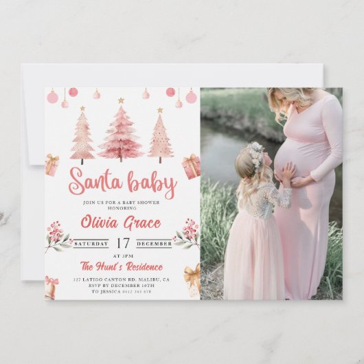Santa Baby Pink Winter Tree Weihnachtsdusche Einladung (Vorderseite)