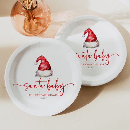 Santa Baby Red Hat Christmas Holiday Baby Shower Pappteller