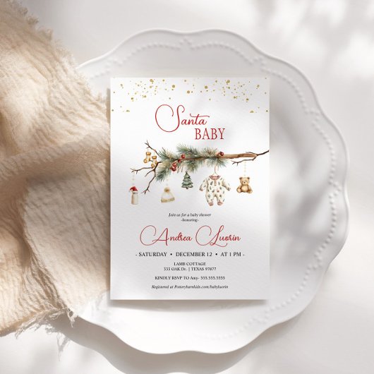 Santa Baby Rustic Winter Greenery Babydusche Einladung