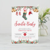 Santa Baby Watercolor Red Christmas Baby Dusche Einladung (Stehend Vorderseite)
