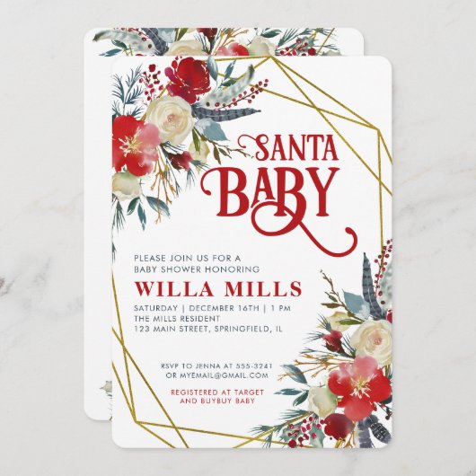 Santa Baby Weihnachten Red Greenery Gold Baby Dusc Einladung (Vorne/Hinten)