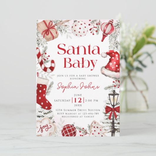 Santa Baby Weihnachts Winter Baby Dusche Einladung (Stehend Vorderseite)