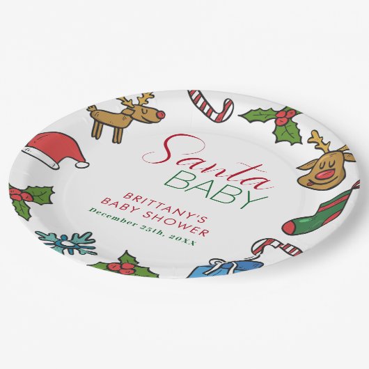 Santa Baby Weihnachtsgeschlecht Neutral Baby Dusch Pappteller (Schrägansicht)