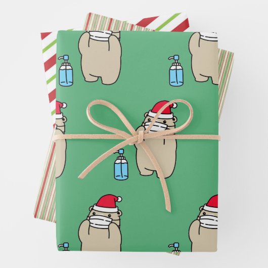 SANTA-Bär mit MASK- UND SANITIZER-Wrapping Paper Geschenkpapier Set (Beispiel)
