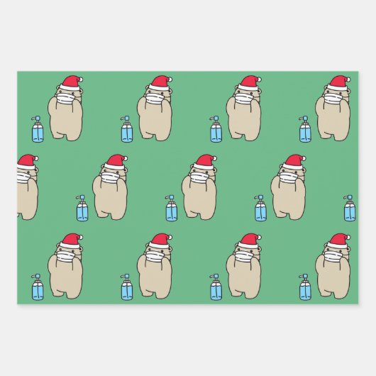 SANTA-Bär mit MASK- UND SANITIZER-Wrapping Paper Geschenkpapier Set (Vorderseite)