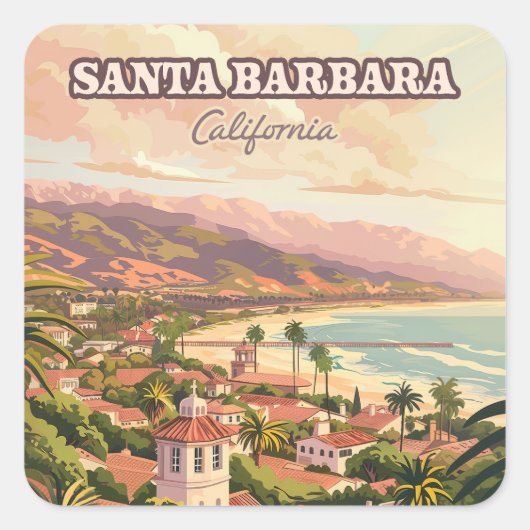 Santa Barbara Beach Central Coast California Retro Quadratischer Aufkleber (Vorderseite)