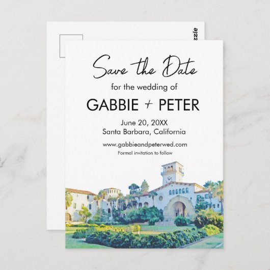 Santa Barbara Courthouse Wasserfarbe Save the Date Postkarte (Vorne/Hinten)