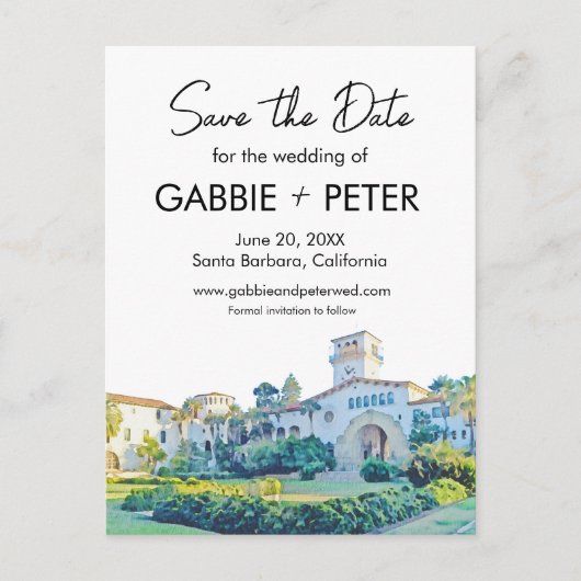 Santa Barbara Courthouse Wasserfarbe Save the Date Postkarte (Vorderseite)