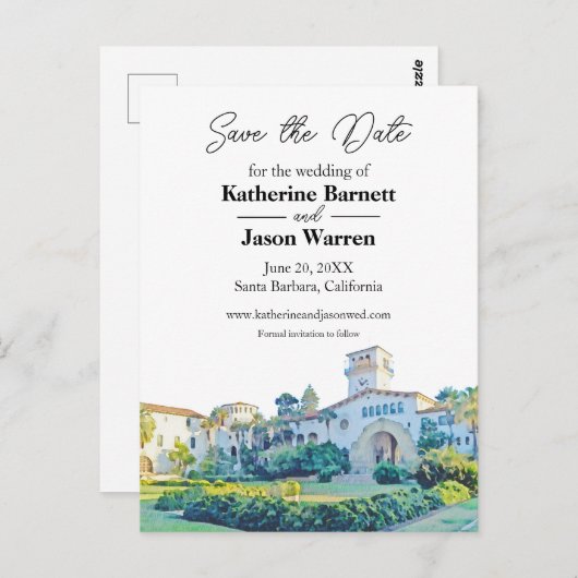 Santa Barbara Courthouse Wasserfarbe Save the Date Postkarte (Vorne/Hinten)