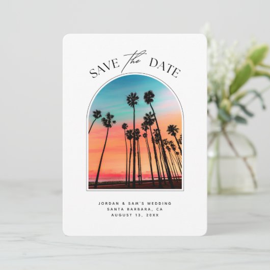 Santa Barbara Wedding Sunset Foto Save the Date Einladung (Stehend Vorderseite)