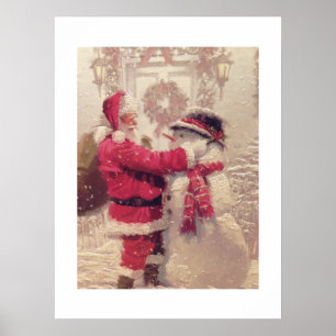 Santa baut einen Schneemann im Vintage-Stil Poster