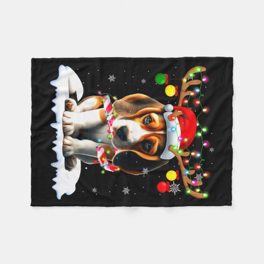 Santa Beagle Christmas Lights Funny Reindeer Dog X Fleecedecke (Vorderseite (Horizontal))