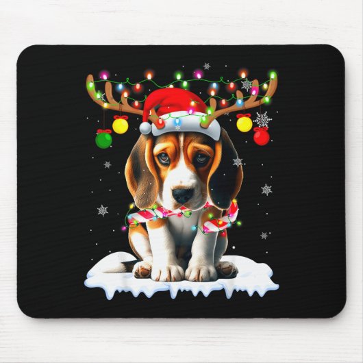 Santa Beagle Christmas Lights Funny Reindeer Dog X Mousepad (Vorne)