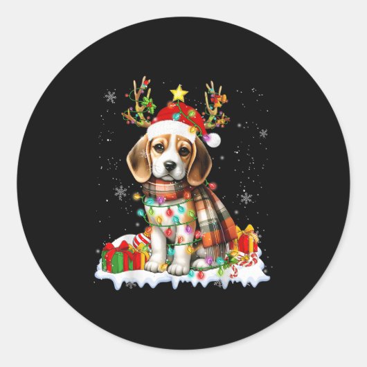 Santa Beagle Christmas Lights Funny Reindeer Dog X Runder Aufkleber (Vorderseite)