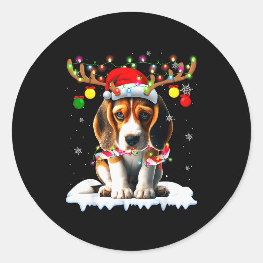 Santa Beagle Weihnachtslichter Lustiger Renntier H Runder Aufkleber (Vorderseite)