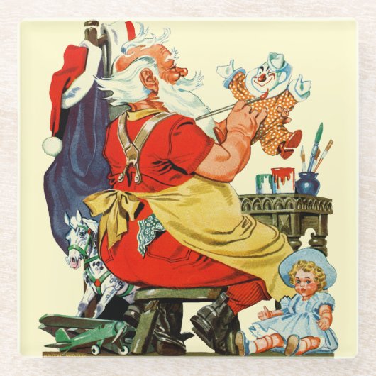Santa bei der Arbeit Glasuntersetzer (Vorderseite)