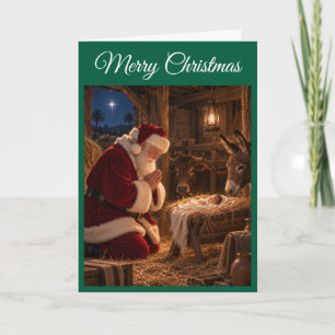 Santa beim Gebet an der Krippe Weihnachtskarte Karte