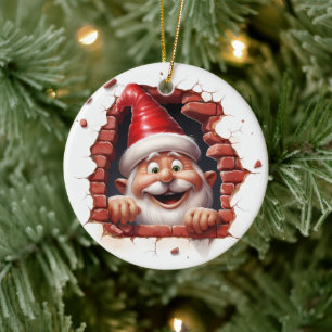 Santa beim Spähen durch eine Ziegelmauer - 3D Keramik Ornament