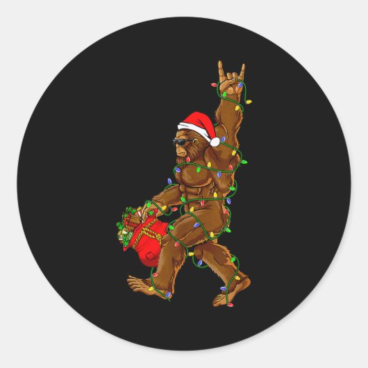 Santa Bigfoot Christmas Lights Funny Sasquatch Bel Runder Aufkleber (Vorderseite)