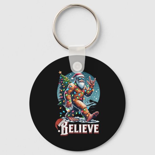 Santa Bigfoot Christmas Lights Funny Sasquatch Bel Schlüsselanhänger (Vorderseite)