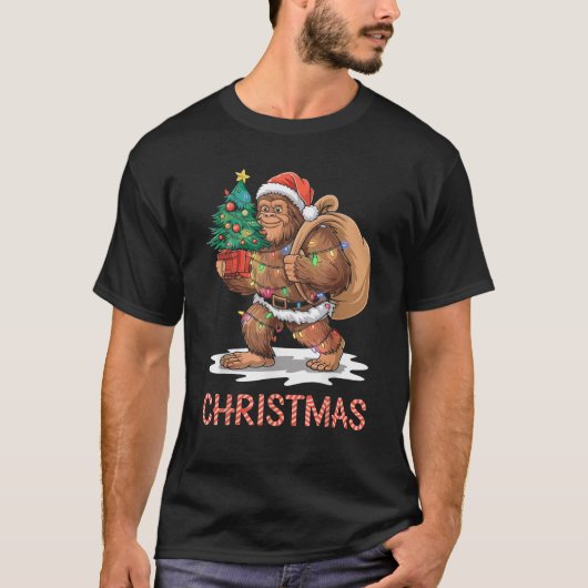 Santa Bigfoot Christmas Lights Funny Sasquatch Bel T-Shirt (Vorderseite)
