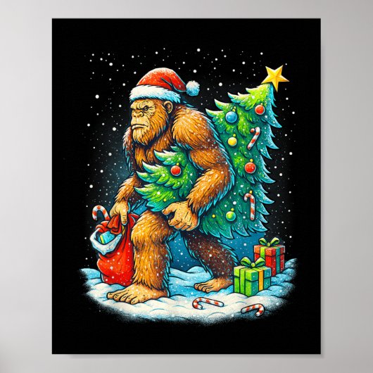Santa Bigfoot Christmas Tree Sasquatch Xmas Lights Poster (Vorne)