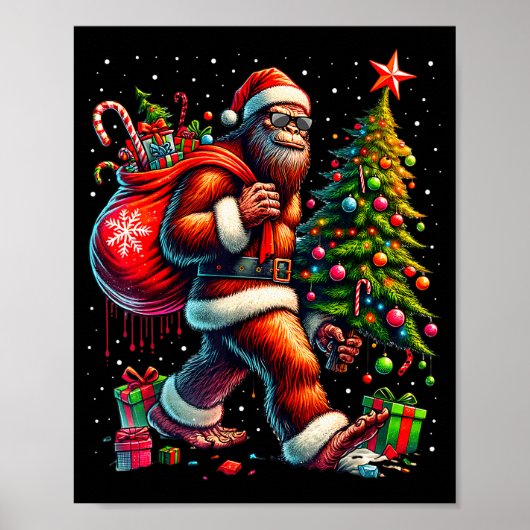 Santa Bigfoot Christmas Tree Xmas Lights Funny Sas Poster (Vorne)
