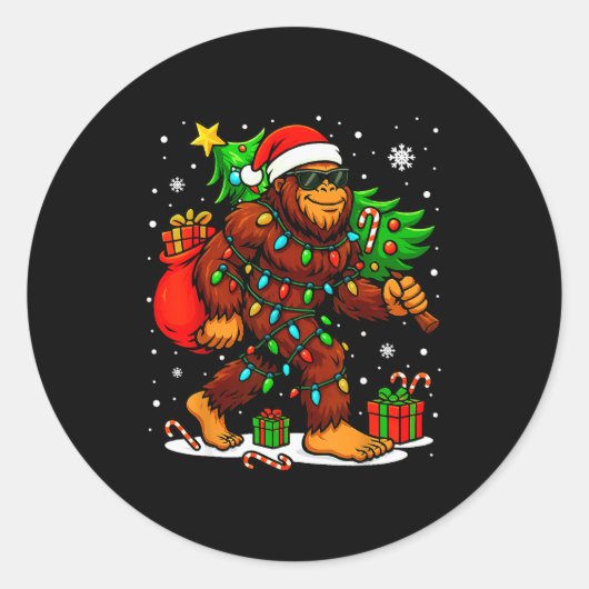 Santa Bigfoot Christmas Tree Xmas Lights Funny Sas Runder Aufkleber (Vorderseite)