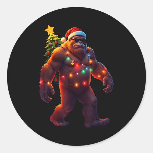 Santa Bigfoot Christmas Tree Xmas Lights Funny Sas Runder Aufkleber (Vorderseite)