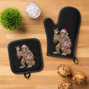 Santa Bigfoot Weihnachtsbeleuchtung Rock Lustig  Ofenhandschuh & Topflappen-Set