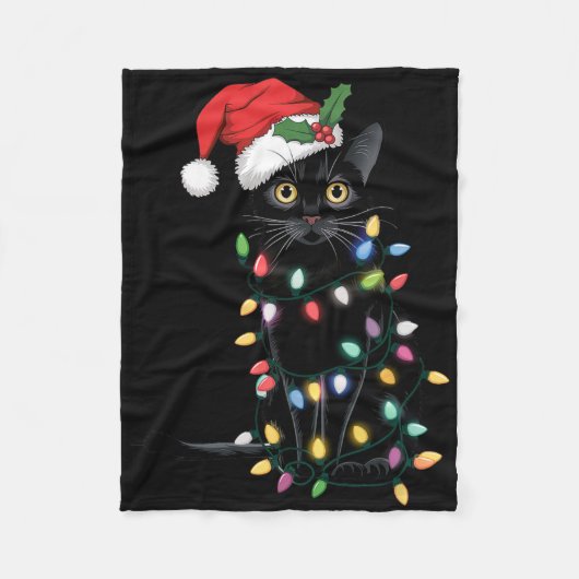 Santa Black Cat hallte in Weihnachtsbaumlicht auf Fleecedecke (Vorderseite)