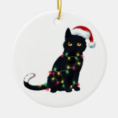 Santa Black Cat hallte in Weihnachtsbaumlicht auf Keramik Ornament (Vorne)
