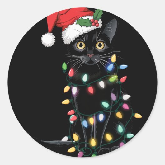 Santa Black Cat hallte in Weihnachtsbaumlicht auf Runder Aufkleber (Vorderseite)