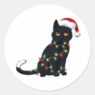 Santa Black Cat hallte in Weihnachtsbaumlicht auf Runder Aufkleber