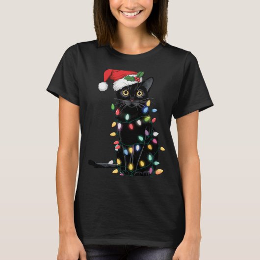Santa Black Cat hallte in Weihnachtsbaumlicht auf T-Shirt (Vorderseite)