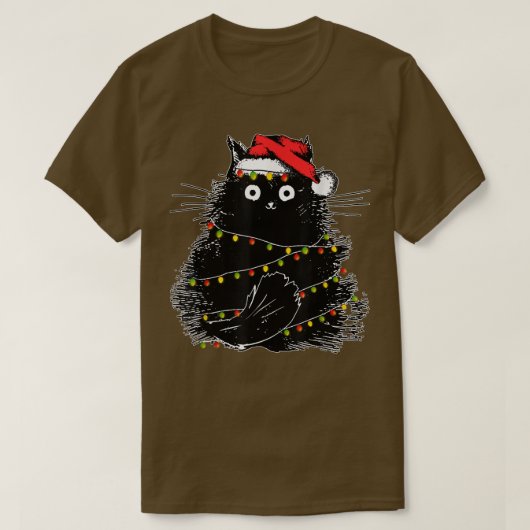 Santa Black Cat hallte in Weihnachtsbaumlicht auf T-Shirt (Design vorne)