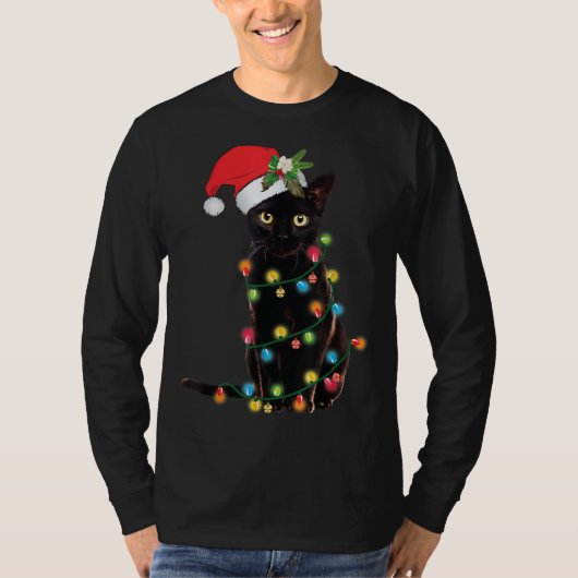 Santa Black Cat hallte in Weihnachtsbaumlicht auf T-Shirt (Vorderseite)