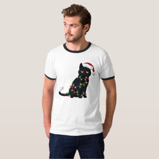 Santa Black Cat hallte in Weihnachtsbaumlicht auf T-Shirt