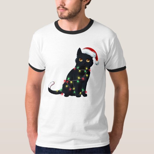 Santa Black Cat hallte in Weihnachtsbaumlicht auf T-Shirt (Vorderseite)