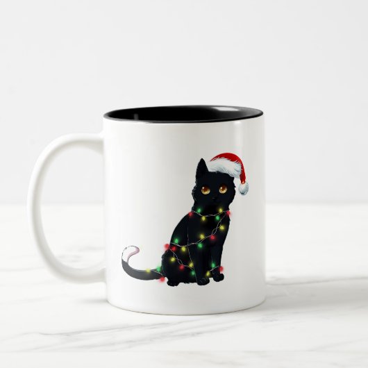 Santa Black Cat hallte in Weihnachtsbaumlicht auf Zweifarbige Tasse (Links)