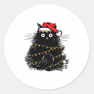 Santa Black Cat in Weihnachtsbaumlicht Runder Aufkleber