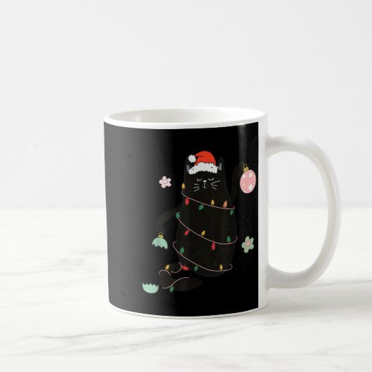 Santa Black Cat Tangled Up In Christmas Tree Light Kaffeetasse (Rechts)
