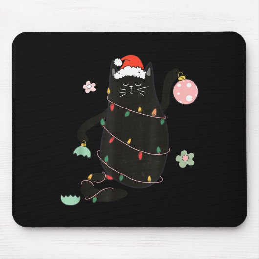 Santa Black Cat Tangled Up In Christmas Tree Light Mousepad (Vorne)