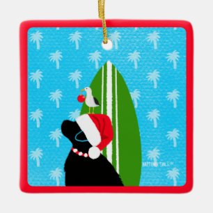 Santa Black Lab Surfbrett Hund Weihnachtsbaumanhän Keramikornament