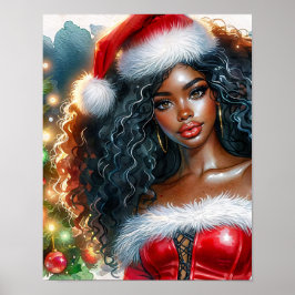 Santa Black Woman With Christmas Tree Poster