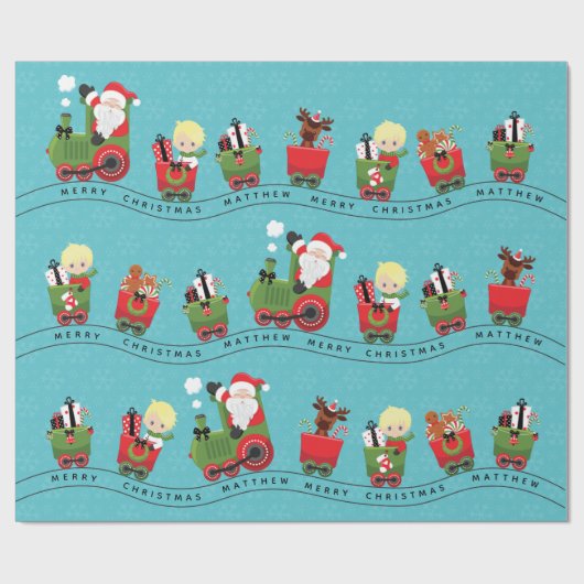 Santa & Blonde Boy auf Zug Geschenkpapier (Flach)