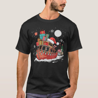 Santa Boat Lights Christmas Driving Xmas Boys Kids T-Shirt
